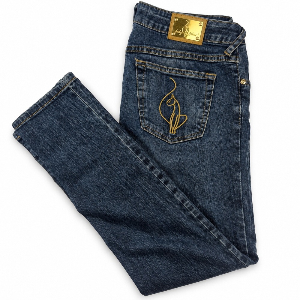 Baby Phat Slim Denim Jeans Womens Blue Embroidered Logo Gold Hardware Y2K